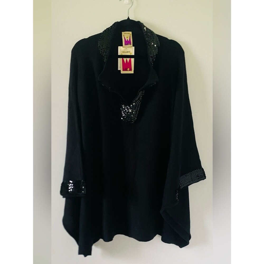 NWT Original Anthony Sequin Trim Black Poncho One Size Whimsigoth Maximalist